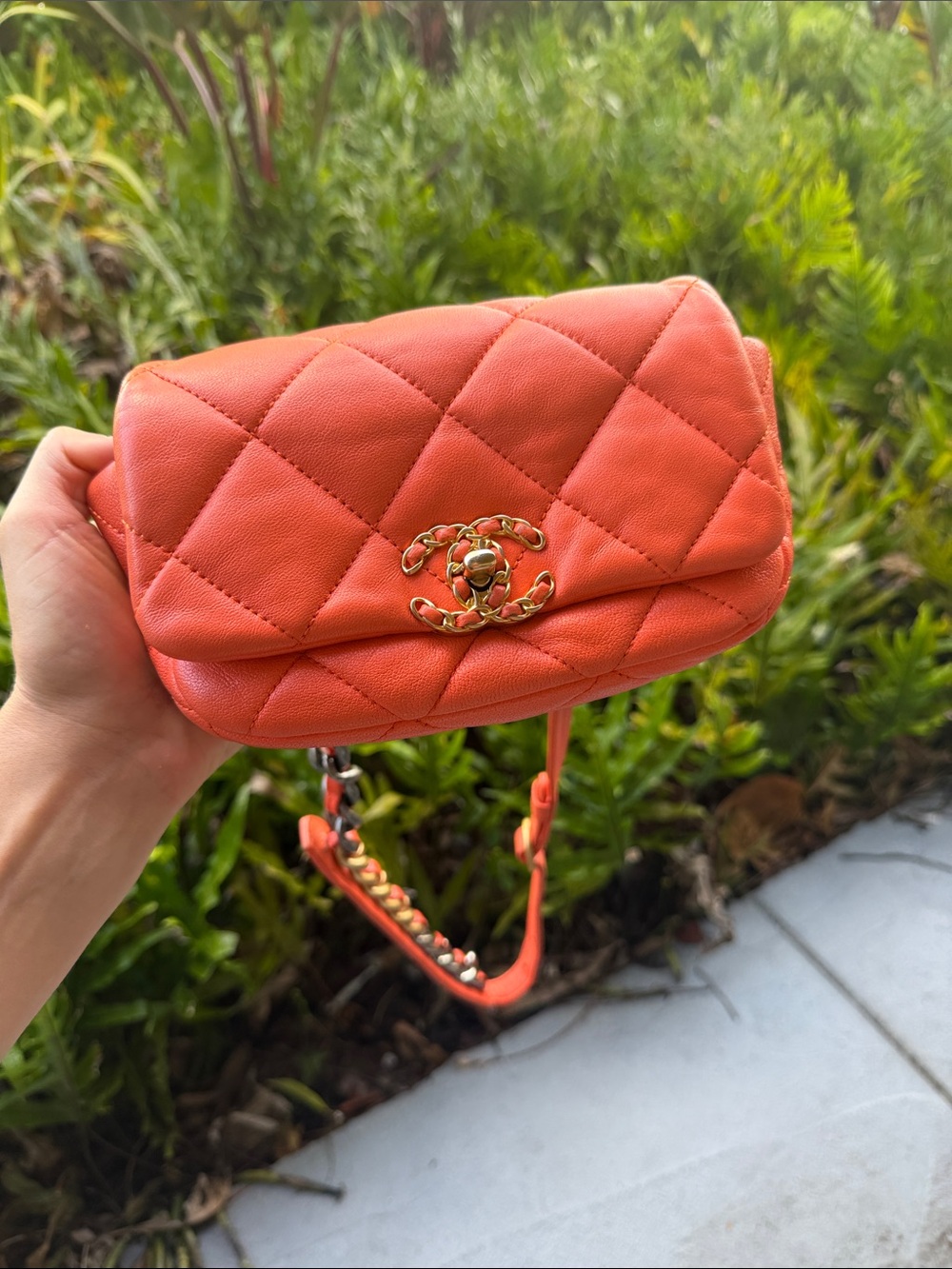Chanel 19 Orange Quilted Chain belt bag
